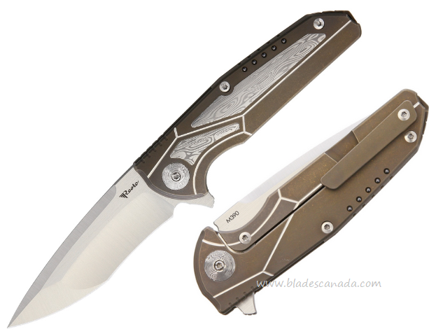 Reate K-4 Flipper Framelock Knife, M390, Bronze Titanium/Damascus Inlay